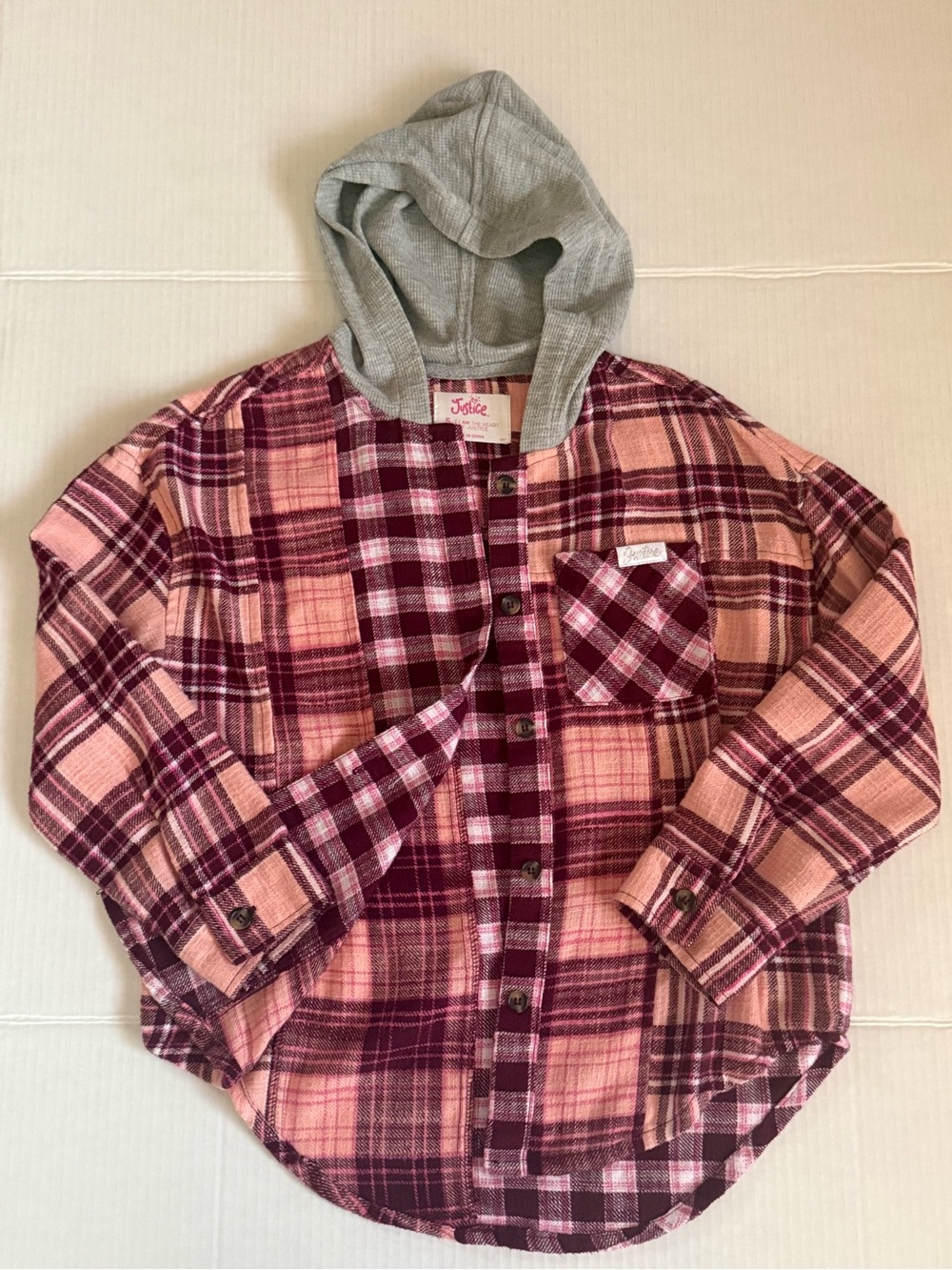 Justice Pink and Burgundy Plaid Hooded Button-Down Shirt